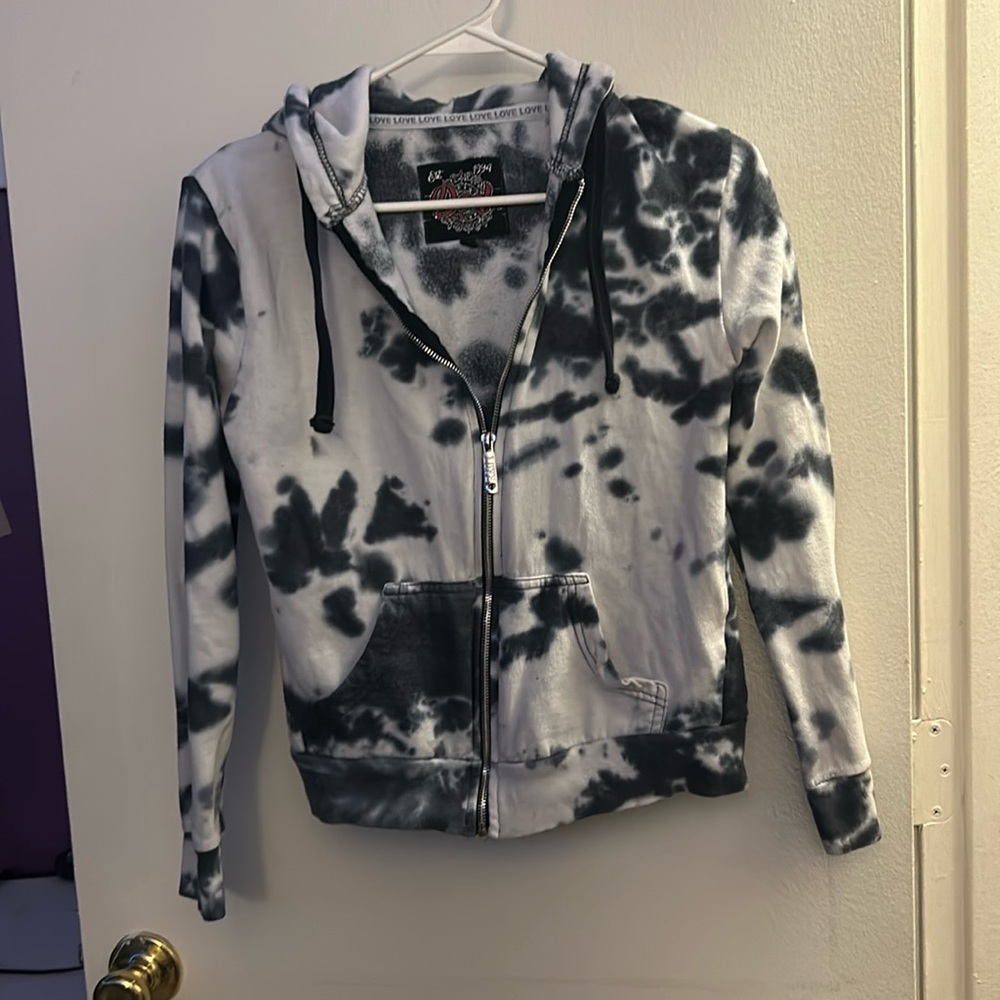 Tye dye jacket from rainbow clothing store, size small , has hoodie + 2 pockets